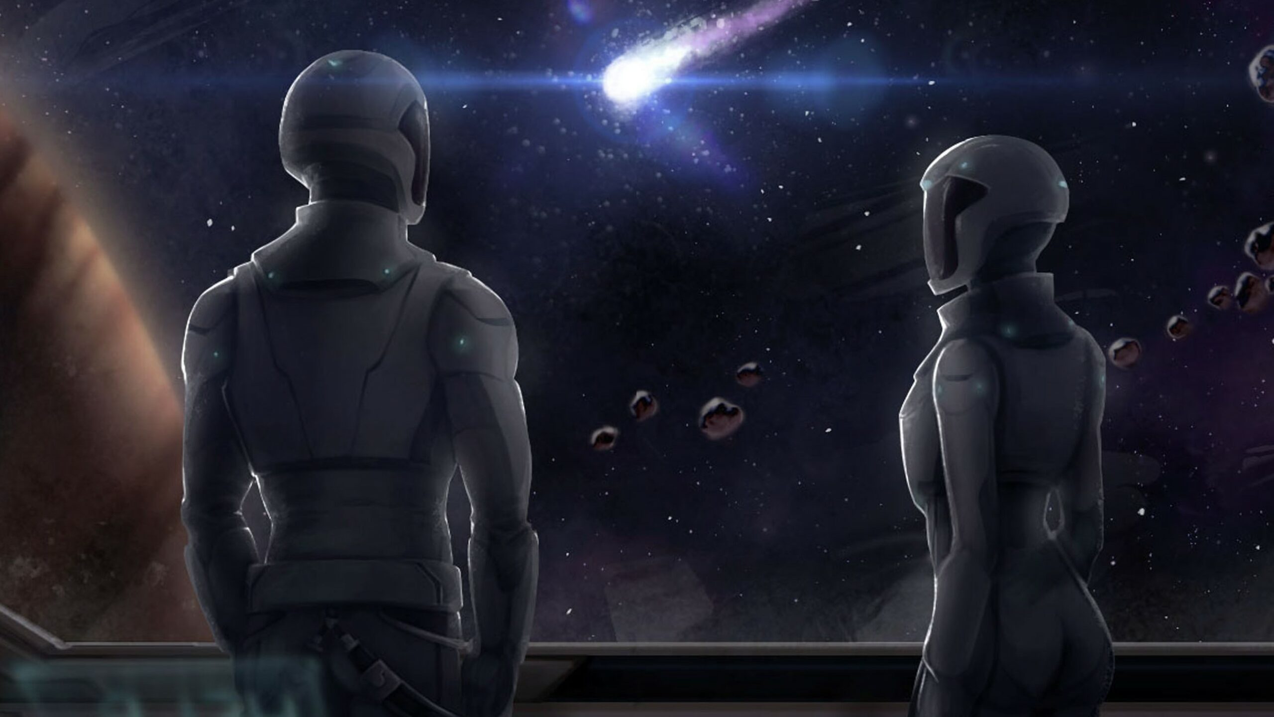 Zwei Astronauten schauen durch ein Fenster auf Planeten, Meteoren und eine Sternschnuppe