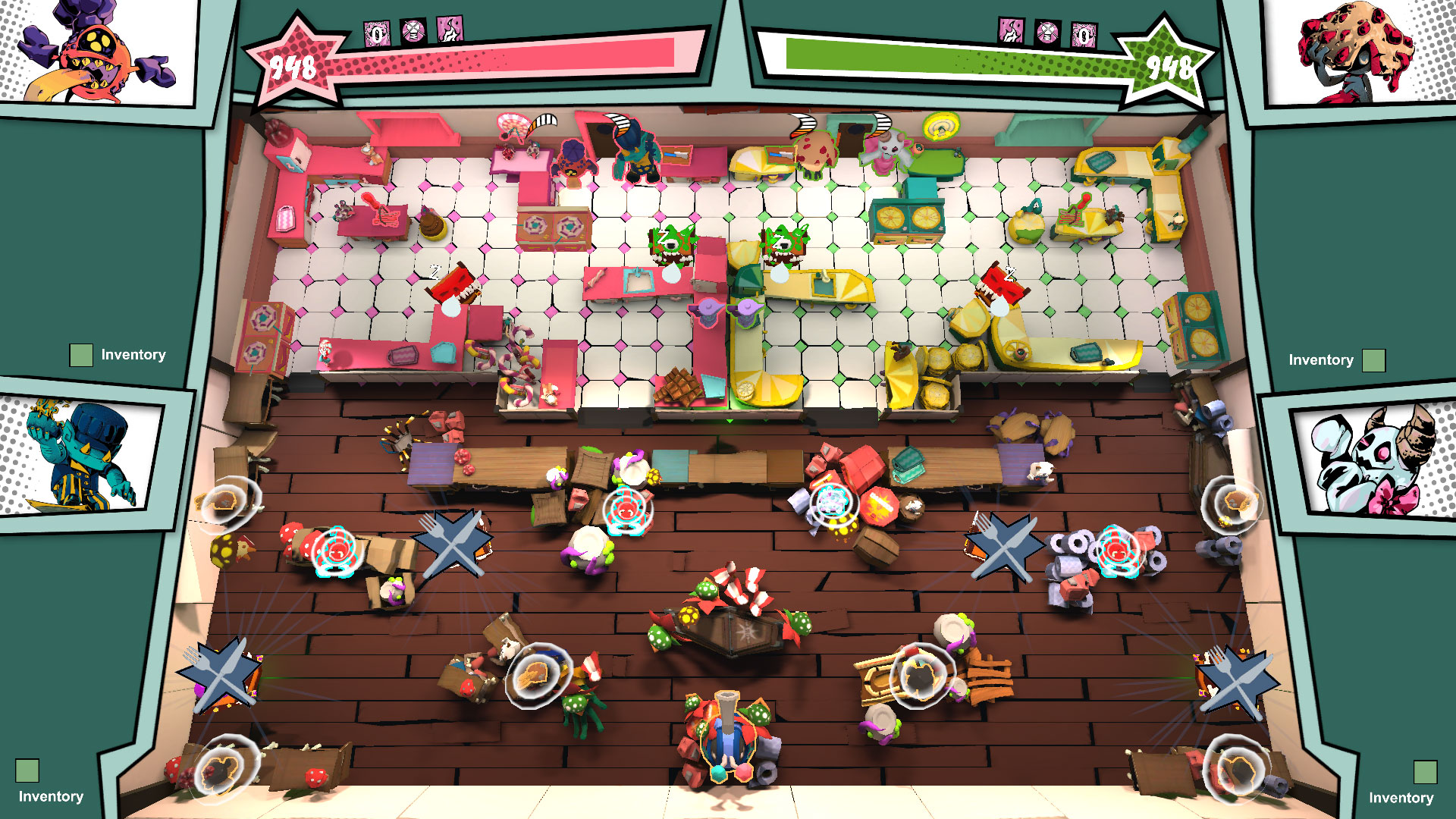 Ein Restaurant mit einer rosa und grünen Küche in der Monster kochen. Davor sind Tische mit Monstergästen