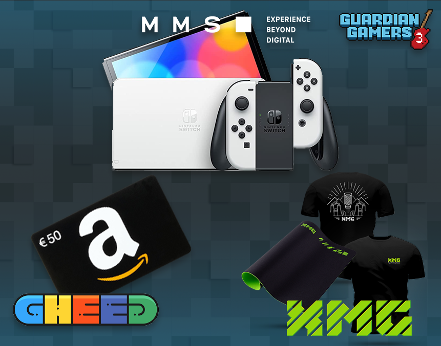 Eine Nintendo Switch OLED, ein Merch-Paket von XMG und ein 50€ Amazon-Gutschein